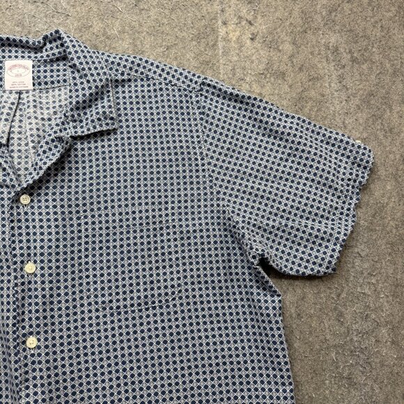 Brooks Brothers Linen Camp Shirt Men L Blue Geometric Short Sleeve Cotton Blend - Picture 3 of 11